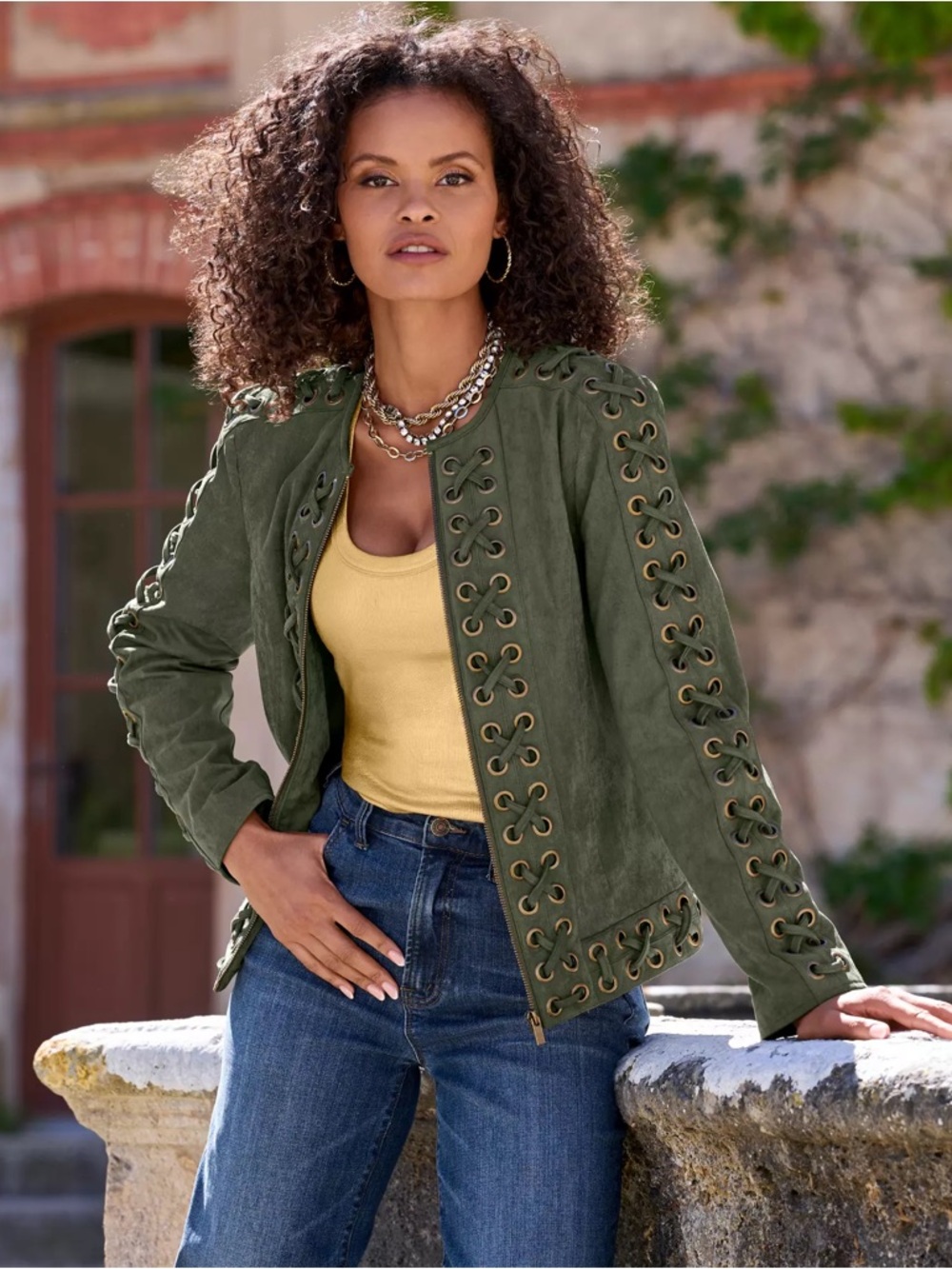 Boston Proper Women’s XS Olive Grommet Lace-Up Faux Suede Jacket
